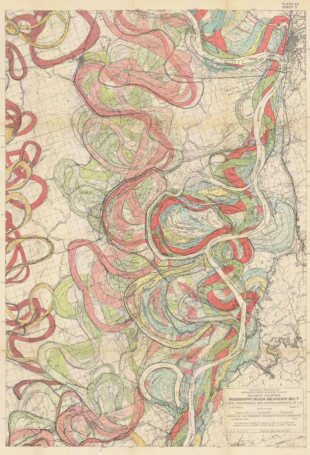 Vintage map of the Mississippi River's meander belt, showing ancient river courses in various colors and the current river course in red.
