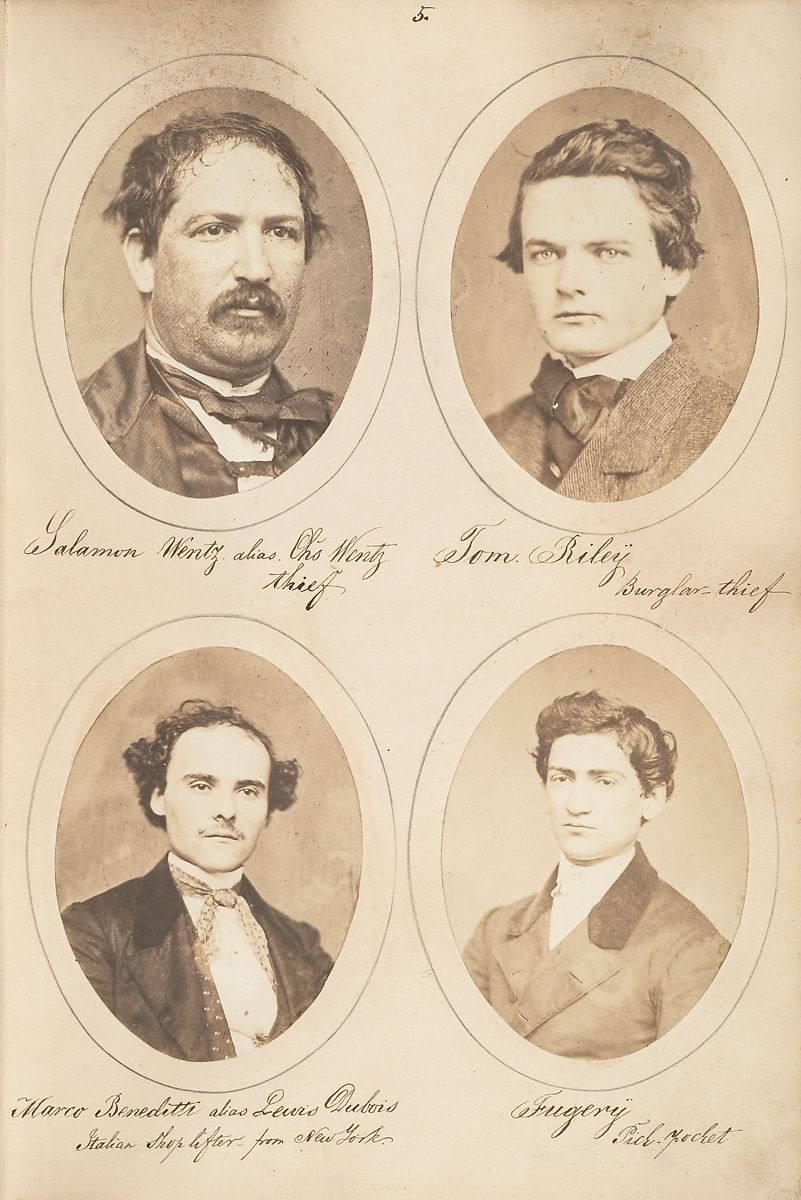 Four oval portraits of men on a sepia-toned paper, with handwritten text below each portrait.