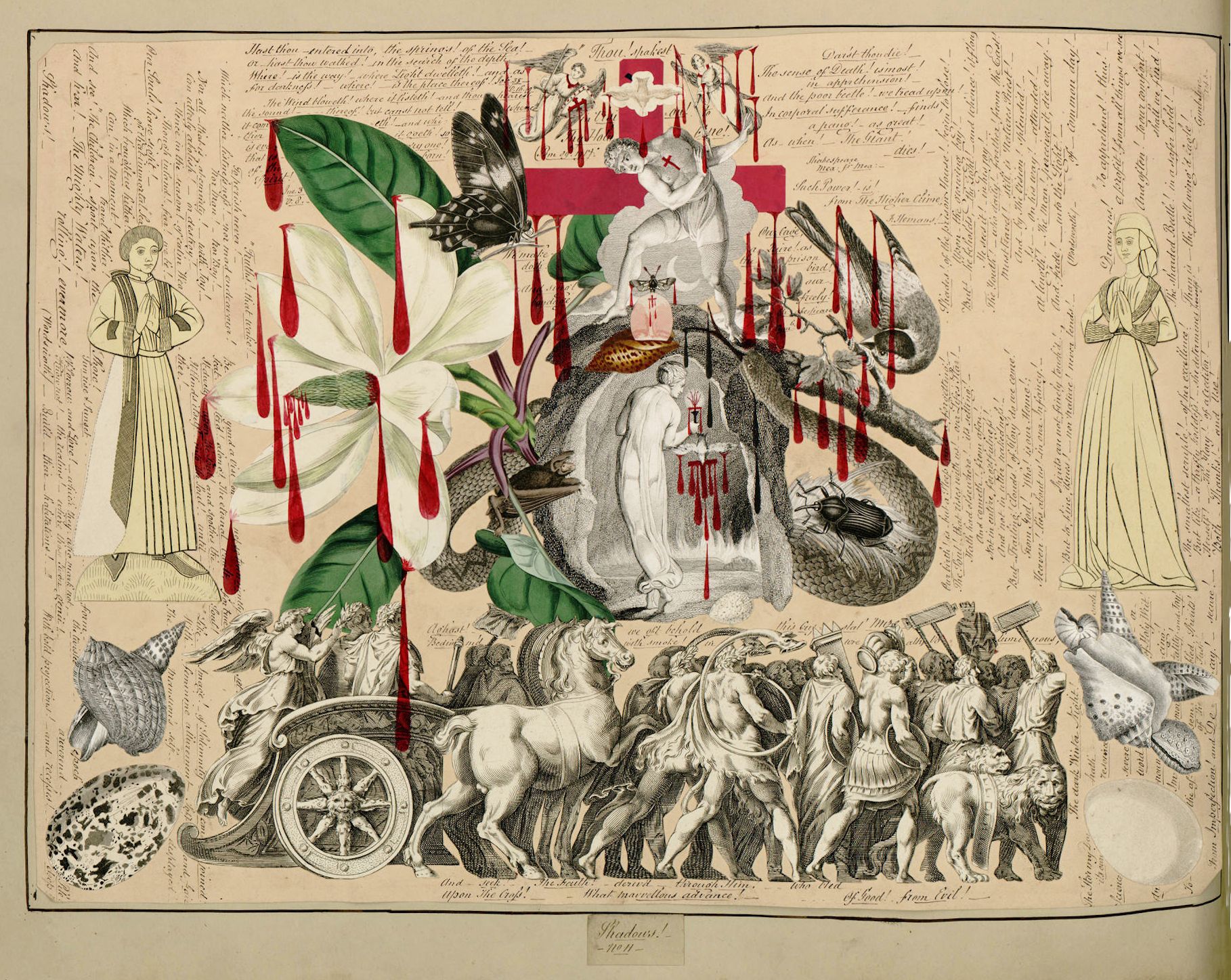 Antique illustration with a carriage, horses, and figures, surrounded by handwritten text and symbolic elements like a flower, snake, and blood-like droplets.