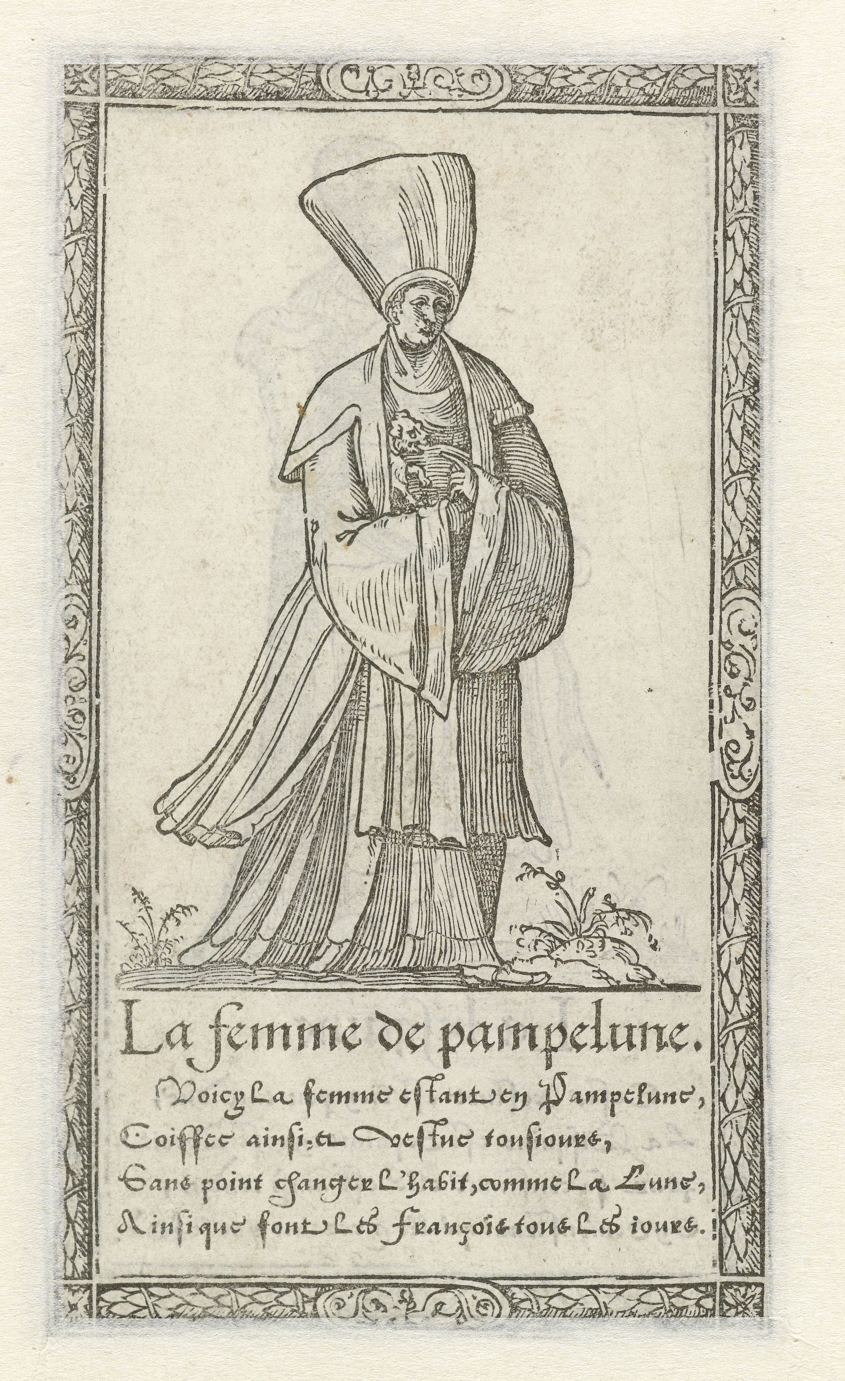 A black and white engraving of a woman in a tall, conical hat and long dress, framed by an ornate border with text below.