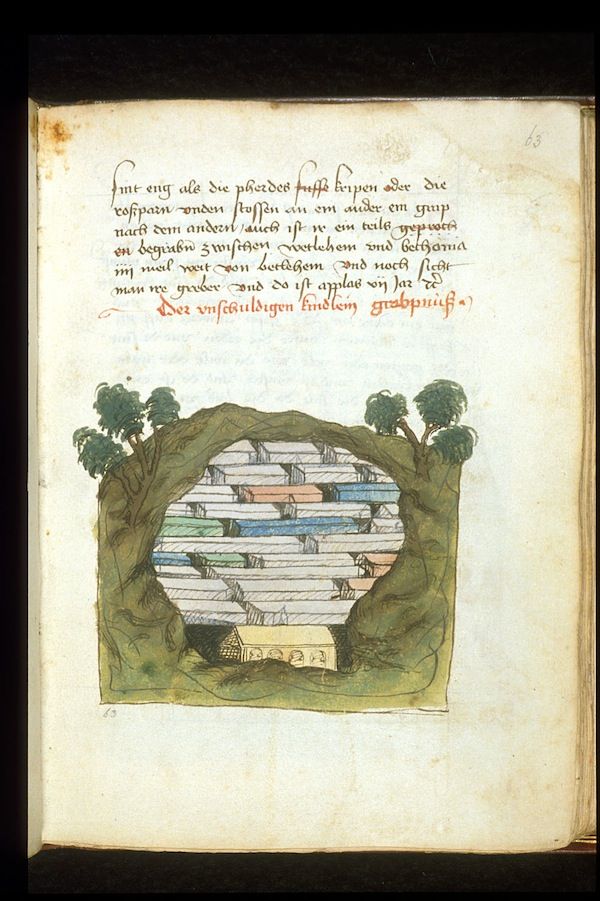 A page from a medieval manuscript with handwritten text and an illustration of a landscape with ships and buildings framed by trees.
