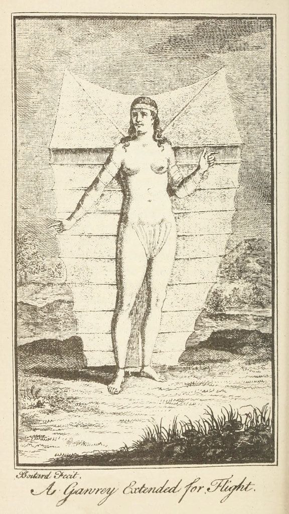 A historical engraving of a nude woman with rudimentary wings, preparing for flight.