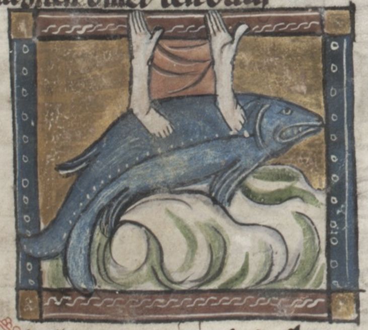 Medieval illustration of a person riding a whale.
