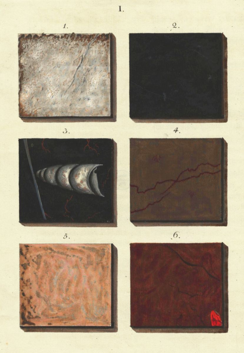 A vintage illustration depicting six different book covers, arranged in a 2x3 grid. Each cover showcases a variety of textures and patterns, likely representing different materials or decorative techniques used in bookbinding.