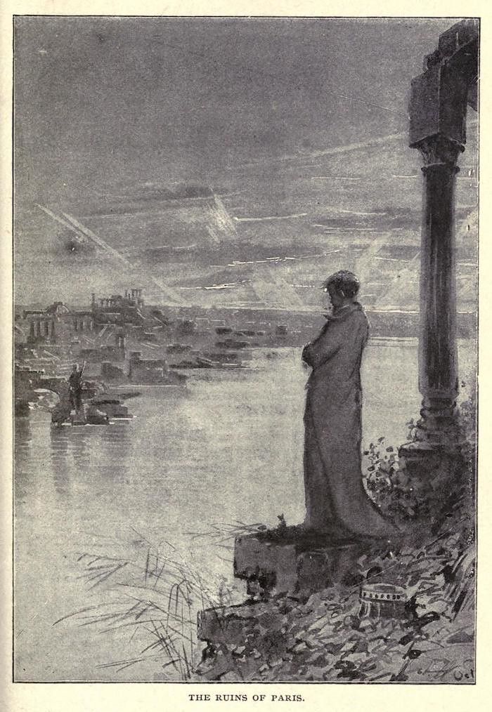 Black and white illustration of a person standing among the ruins of Paris, gazing out over a desolate landscape.