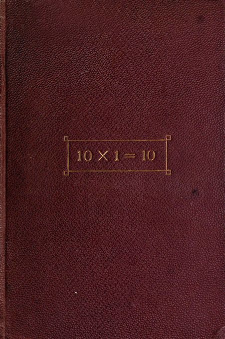 Close-up of a dark red book cover with the equation '10 x 1 = 10' centered on the front.