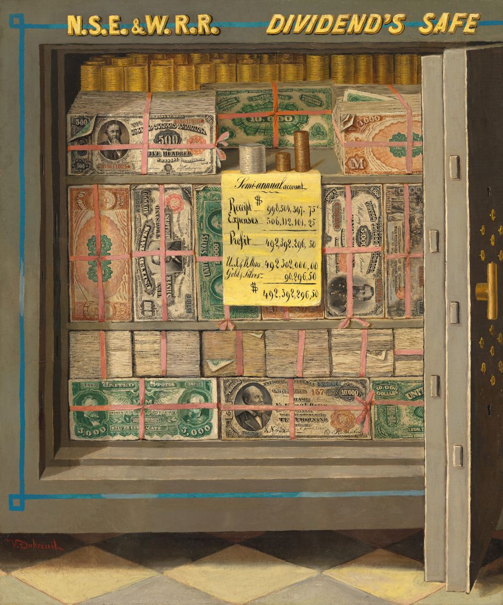 A painting of the interior of a safe filled with stacks of colorful bills and gold coins. A sign hanging from the top of the safe displays financial figures, including receipts, expenses, profit, and net earnings.