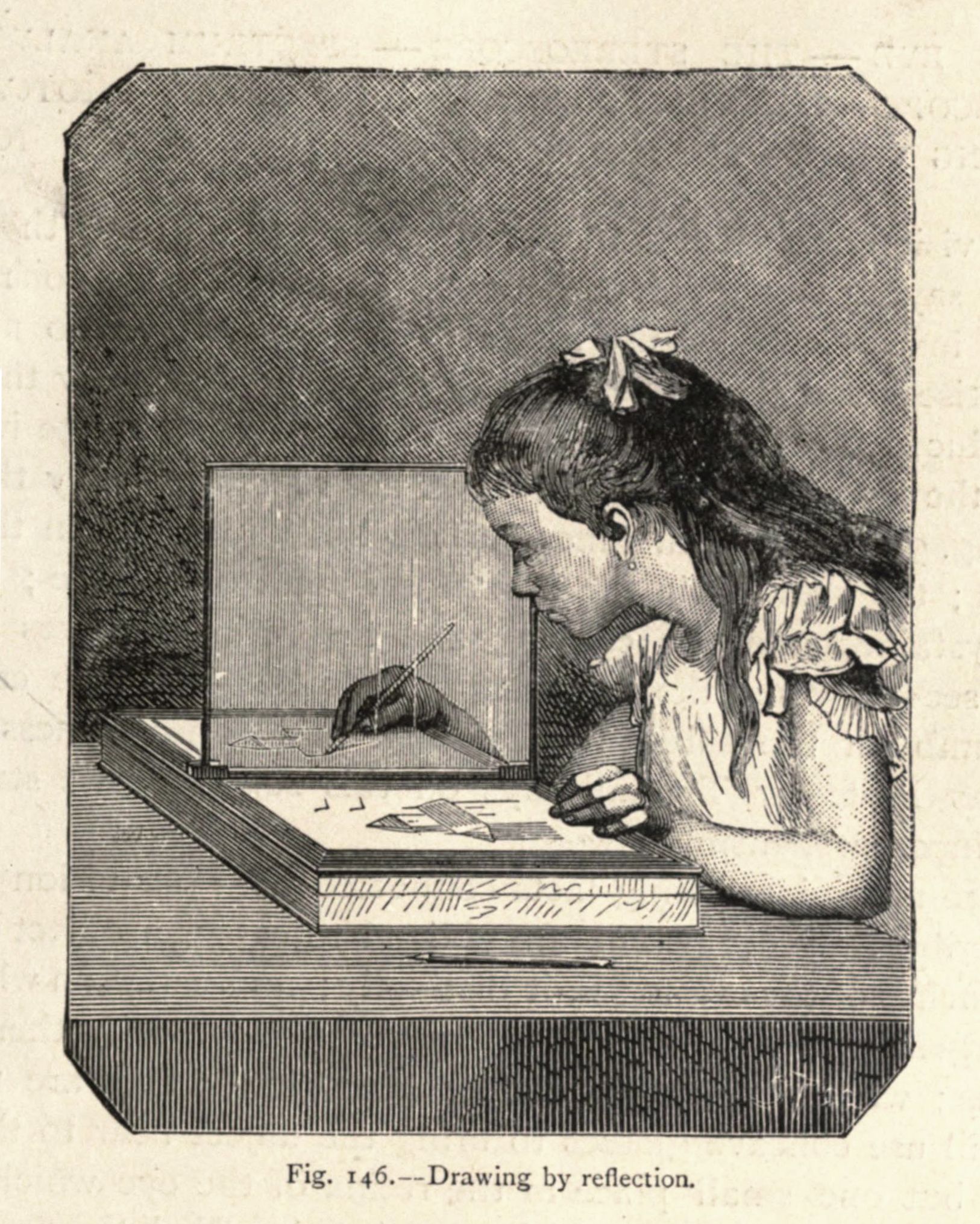 A vintage illustration of a young girl drawing by reflection using a mirror and pen on a table.