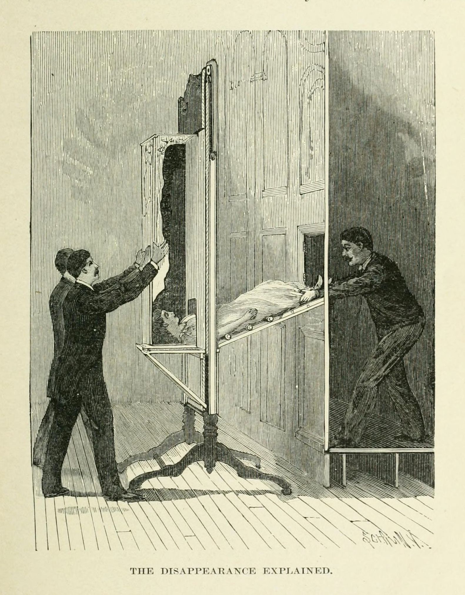Black and white illustration of a magic trick being revealed, with a man on a bed hidden behind a hinged panel within an ornate frame.