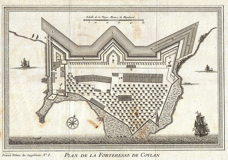 Vintage engraving of the fortress of Coylan, a star-shaped structure on a peninsula, with ships in the surrounding water and a compass rose at the bottom.
