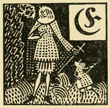 A black and white woodcut illustration of a tall knight and a small knight standing near a tree, with a crescent moon and 'S' symbol in the upper right corner.