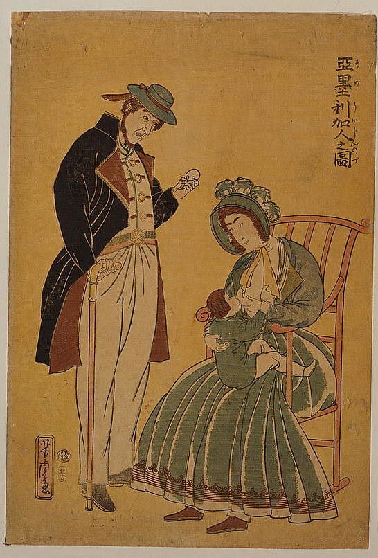 Vintage Japanese woodblock print depicting a man and a woman in elaborate clothing.