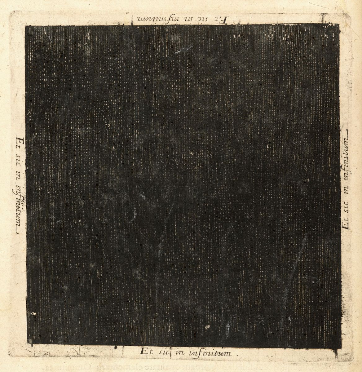 A black and white print with dense vertical lines filling most of the frame, surrounded by a narrow border of aged paper. The phrase 'Et sic in infinitum' is written in cursive along the edges.