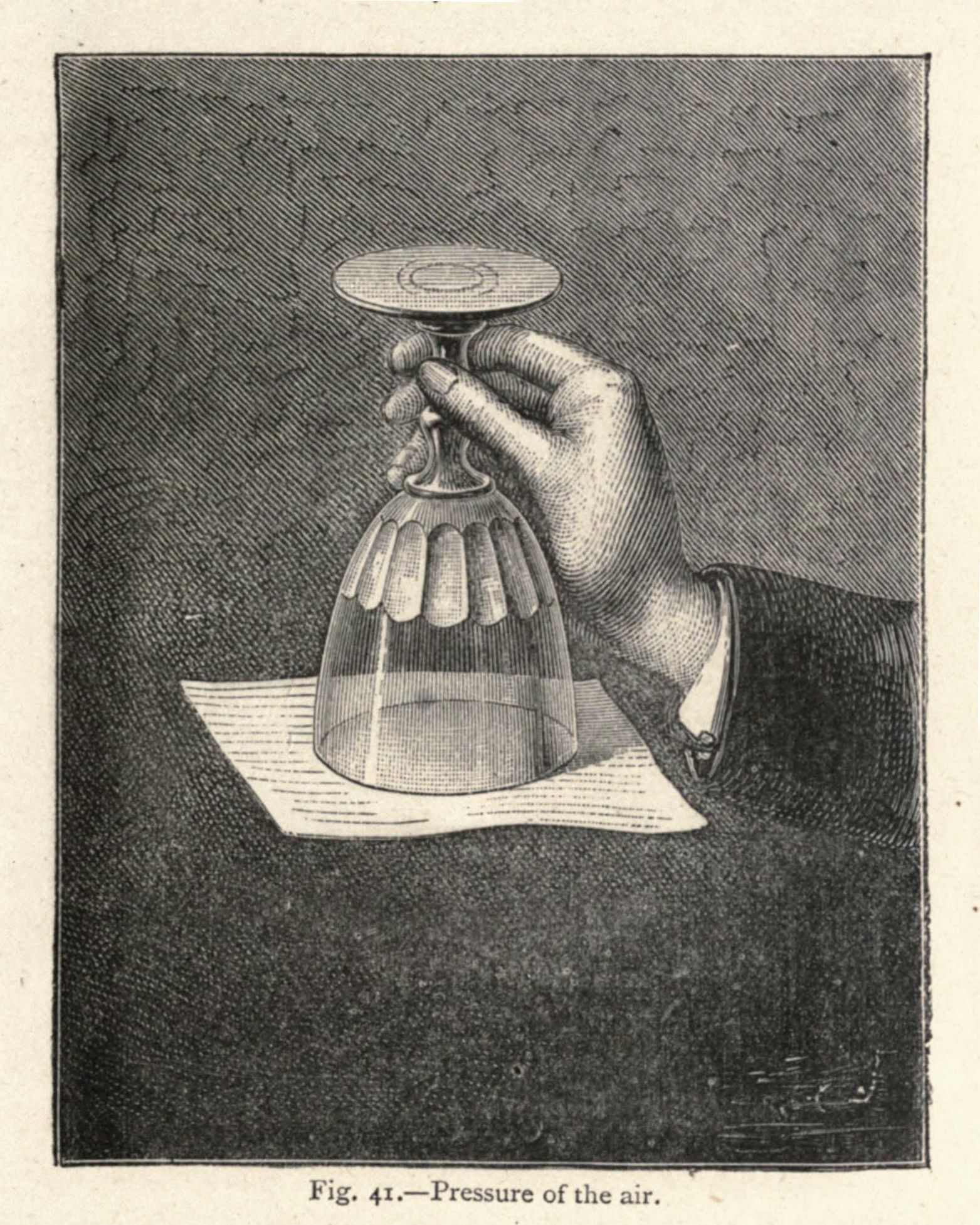 Vintage engraving of a hand holding a glass of water upside down over a piece of paper, demonstrating air pressure.