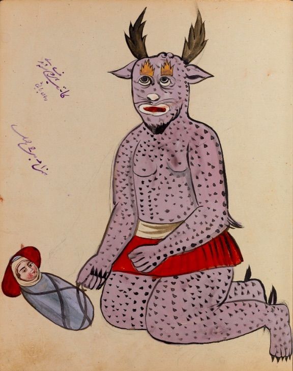 A whimsical illustration of a fantastical creature with animalistic features kneeling next to a wrapped-up baby or doll.