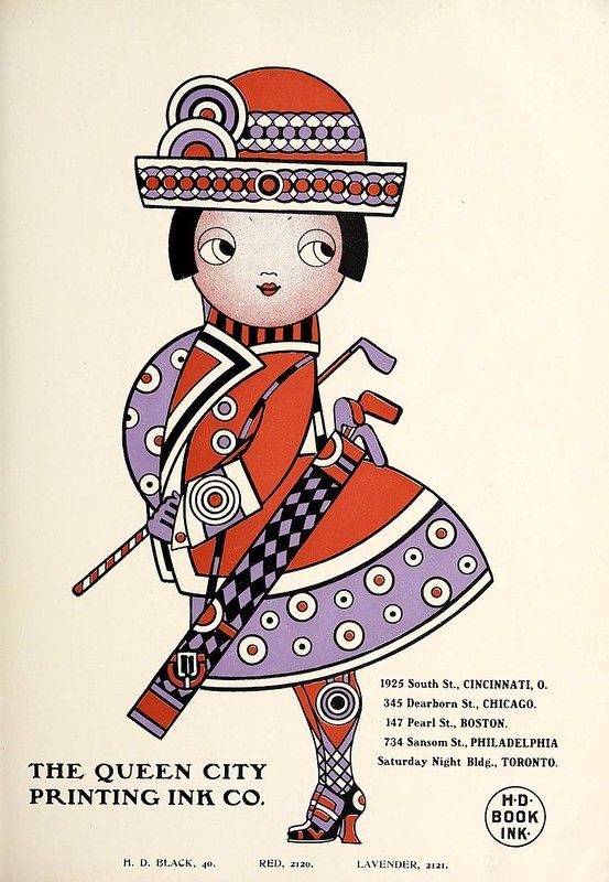 A vintage advertisement featuring a stylized illustration of a woman in a vibrant, geometric outfit.