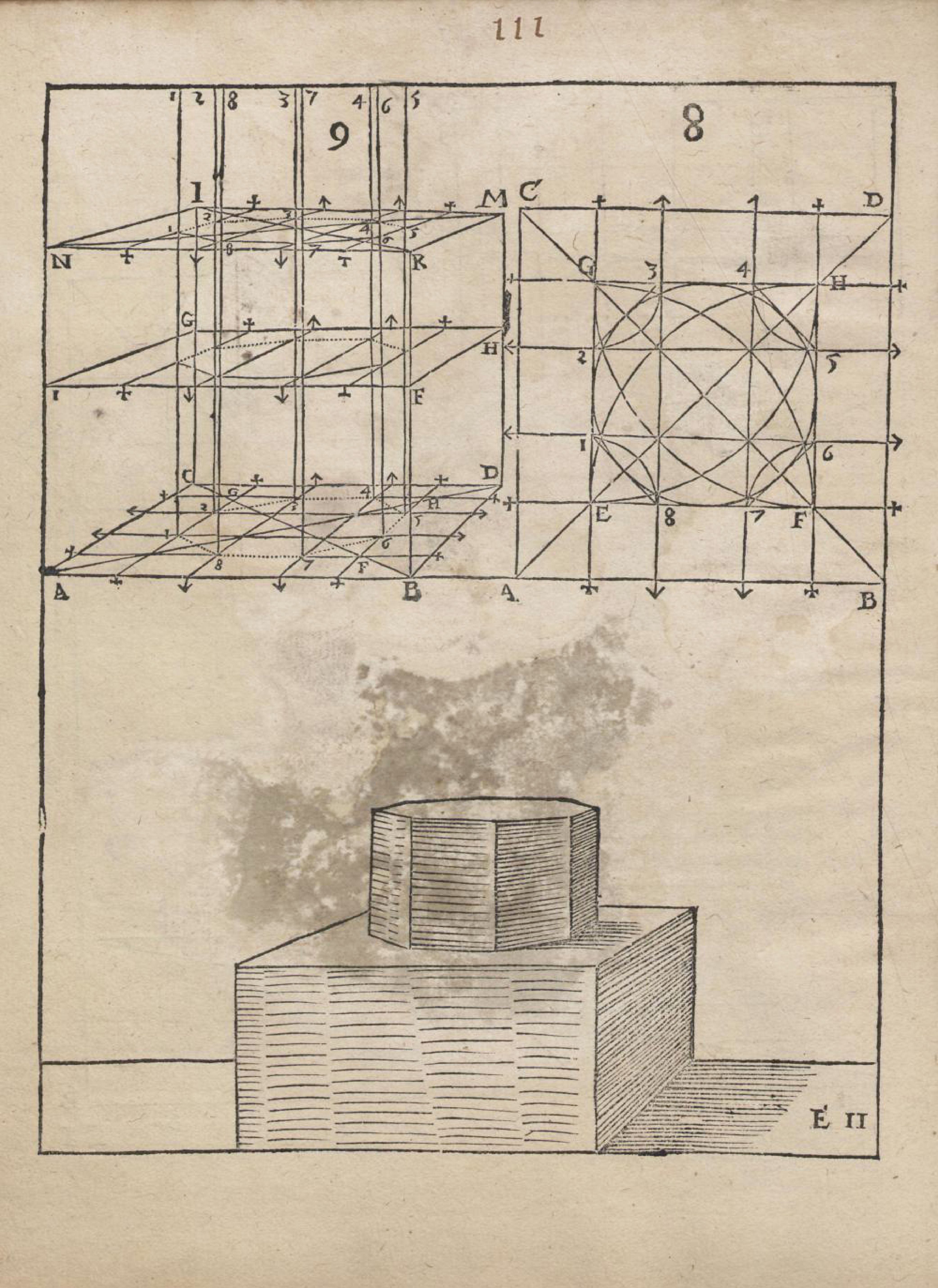 A page from an old book with a geometric diagram above a drawing of a tiered building.