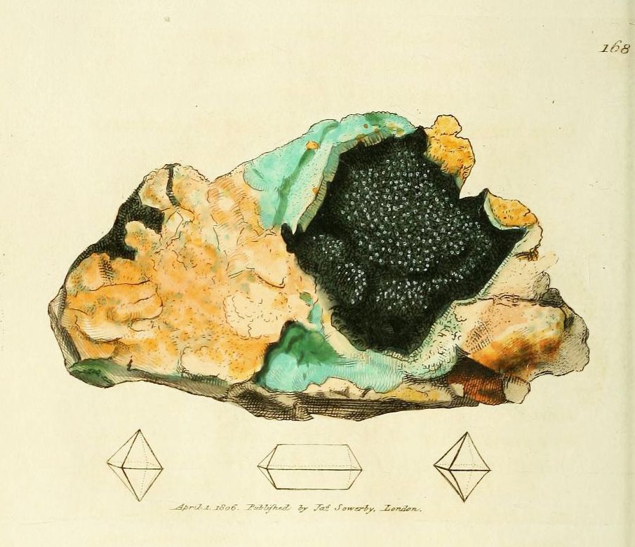 Vintage illustration of a mineral specimen with diagrams and handwritten text.
