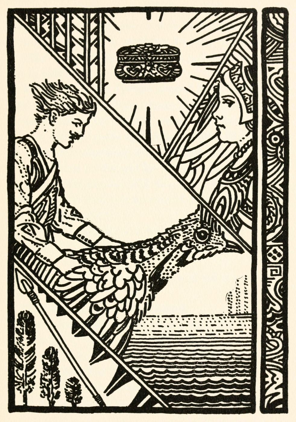 A black and white illustration depicting a man holding a bird and a woman looking towards each other, with a jar suspended above the woman. The scene is divided diagonally and framed by a decorative border.