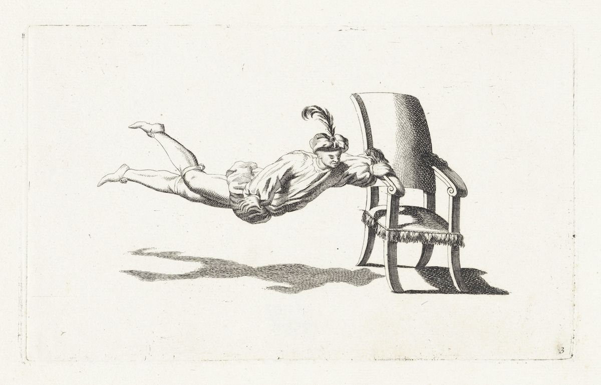 An engraving of a man falling towards a chair, with a dramatic shadow cast below.