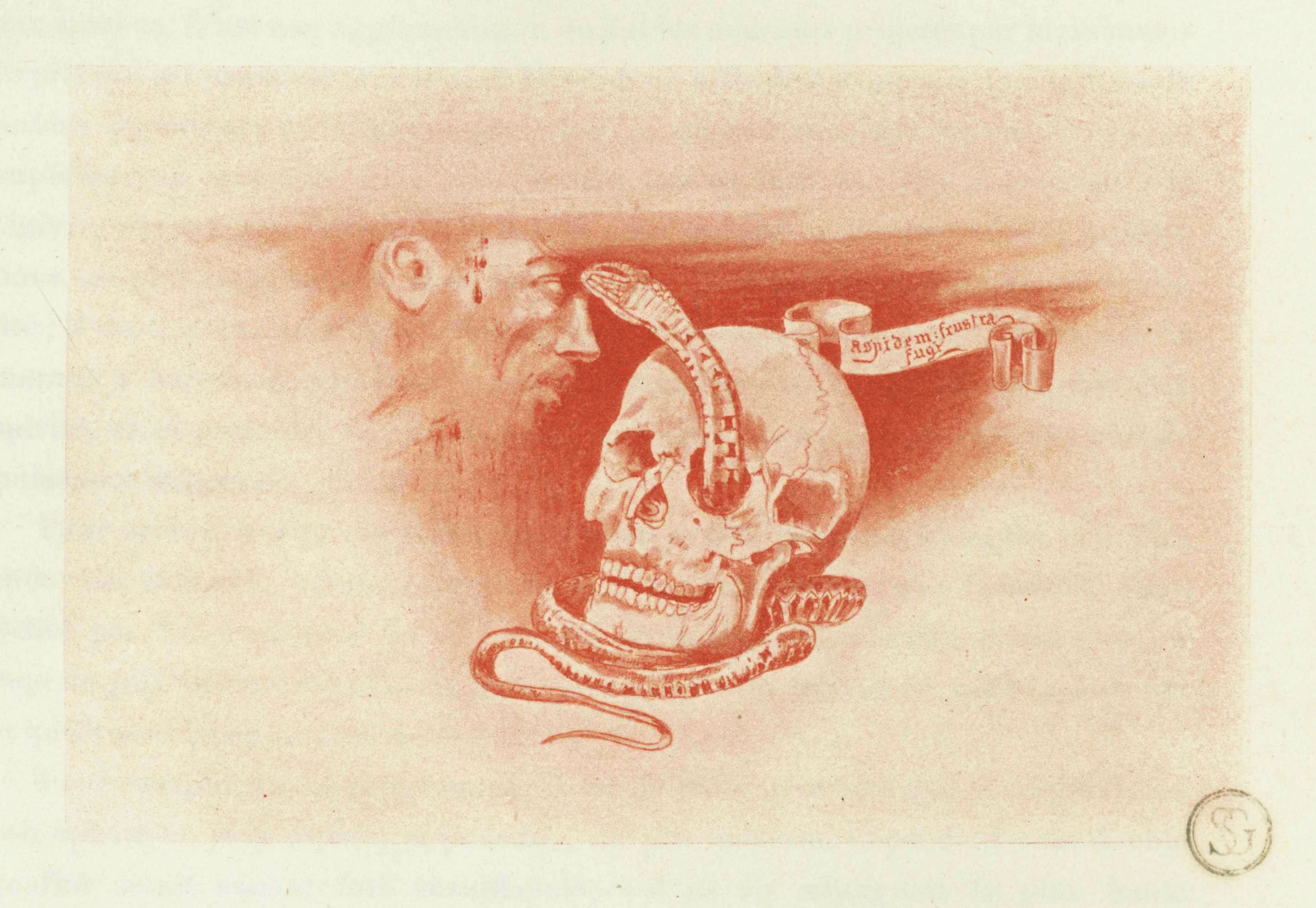 Sepia-toned drawing of a skull with a snake coiled around it, a vial, a pipe, and a blurred profile of a man in the background.