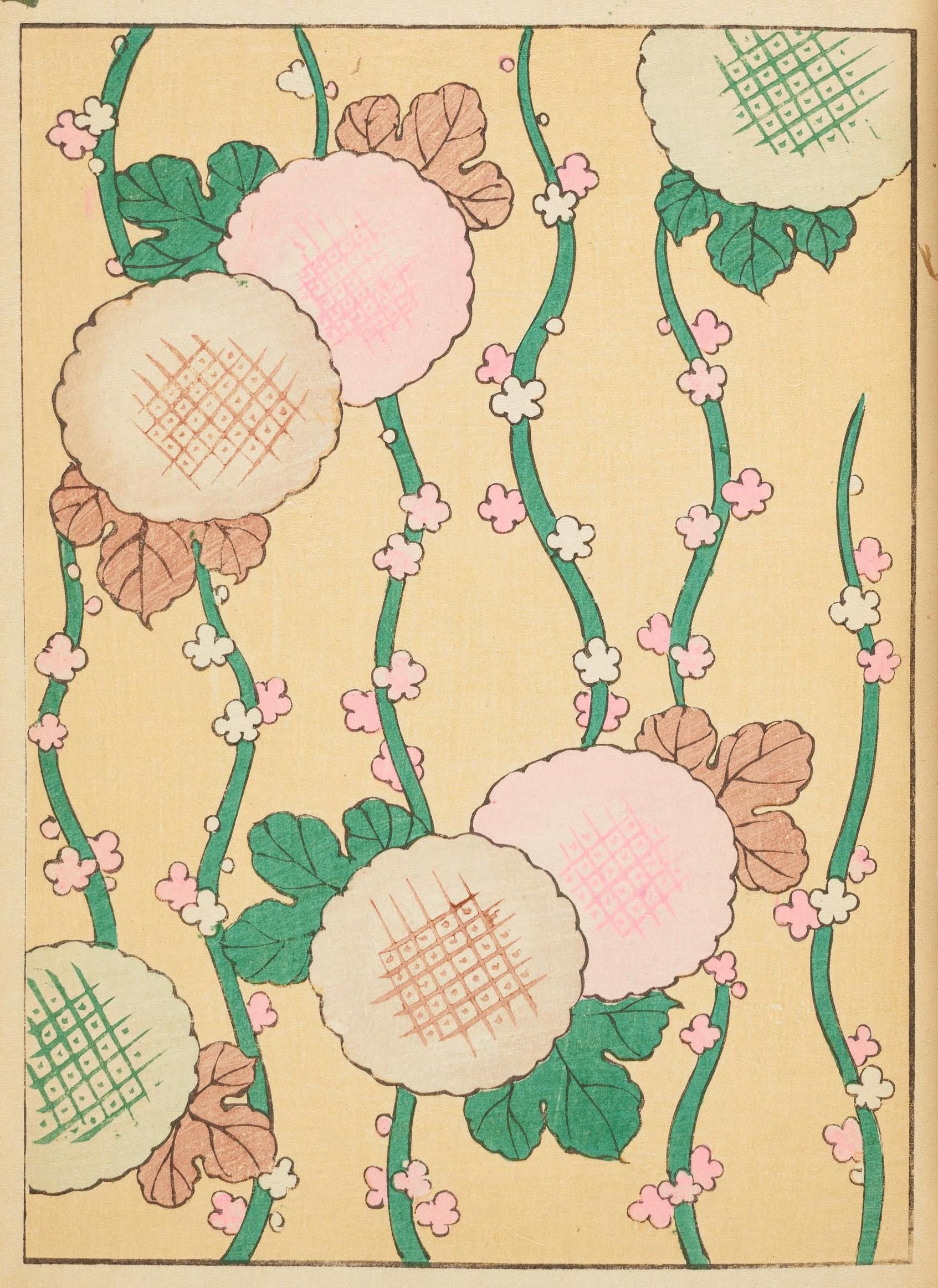A vintage floral pattern with large white flowers, green leaves, and a beige background.