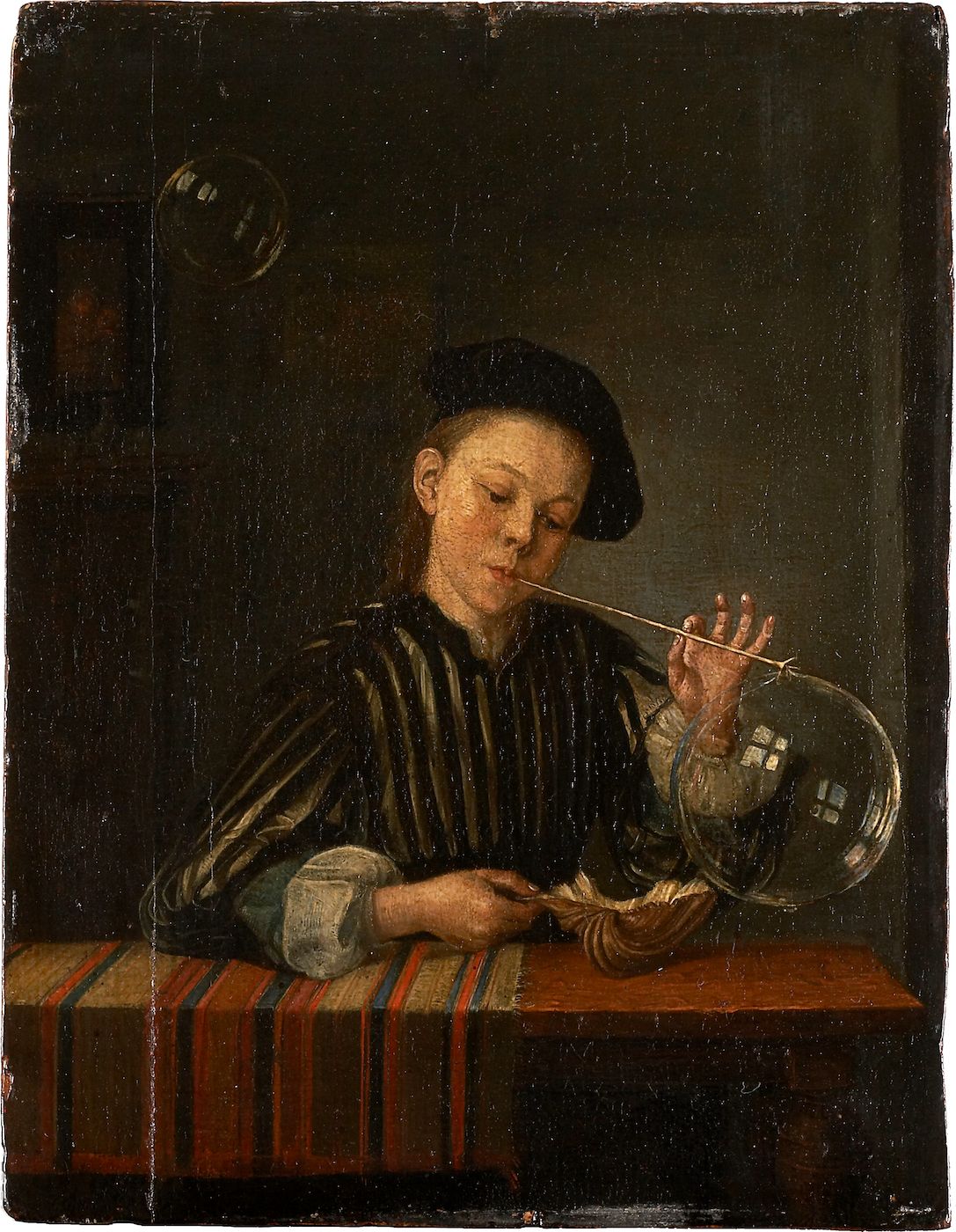 A painting of a young boy blowing bubbles at a table.