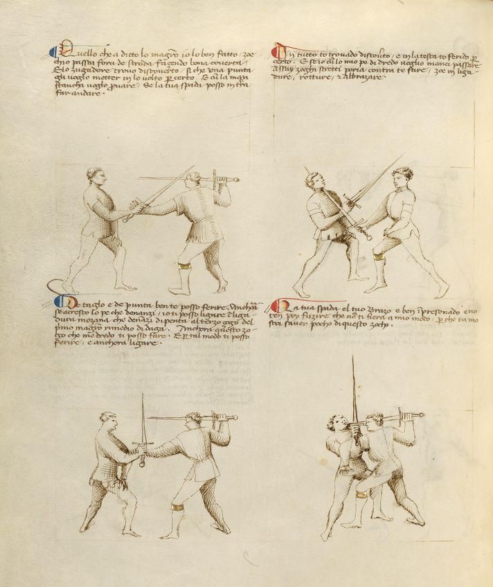 A page from a historical manuscript depicting illustrations of men engaged in sword fighting, with accompanying Italian text.