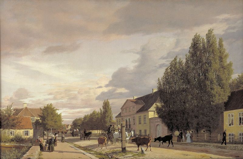 A painting of a street scene in a European city, with buildings, trees, people, cows, and carriages.