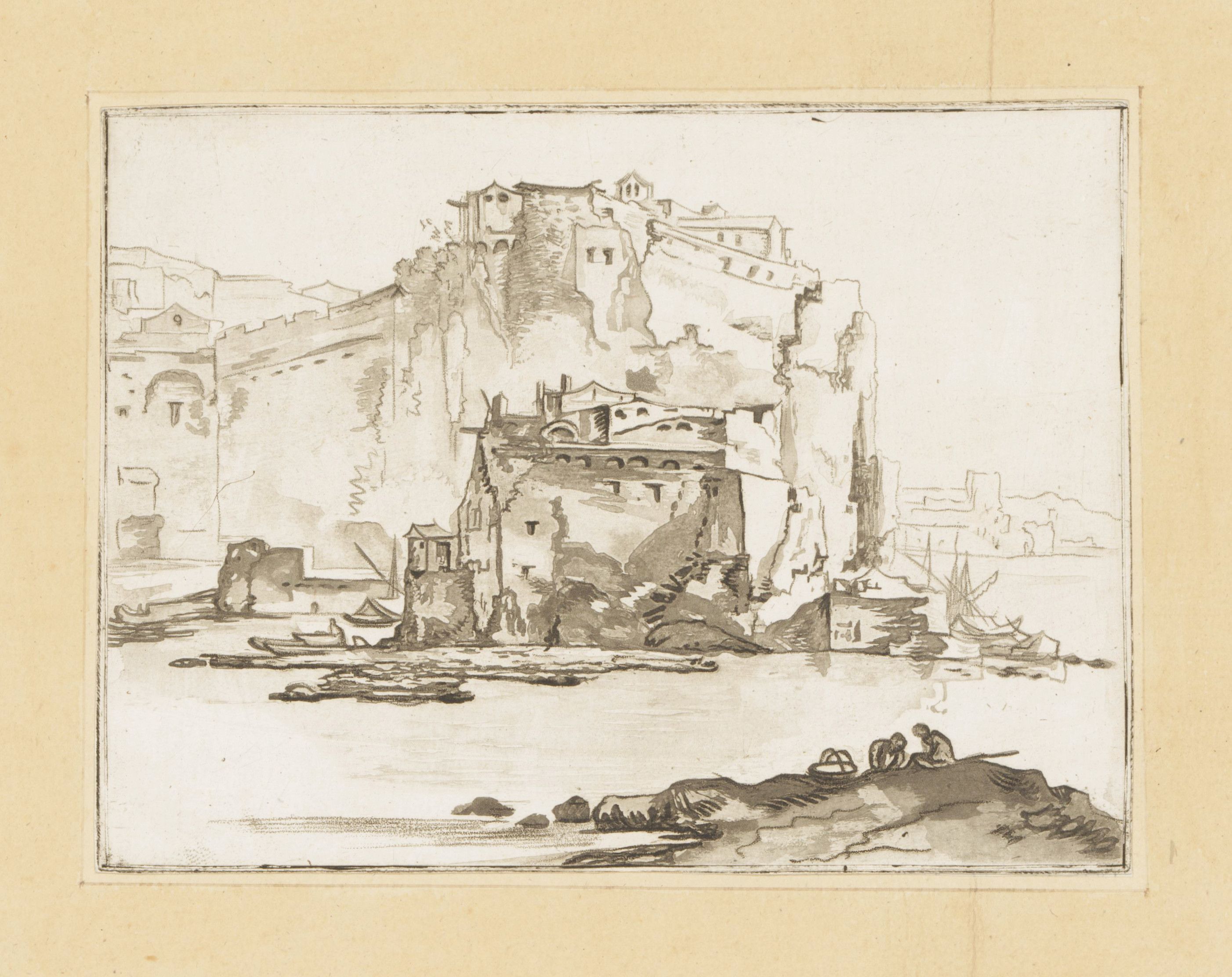 A sepia-toned etching or drawing of a coastal town built on a steep cliffside, with boats in the water and figures on a rocky outcrop in the foreground.