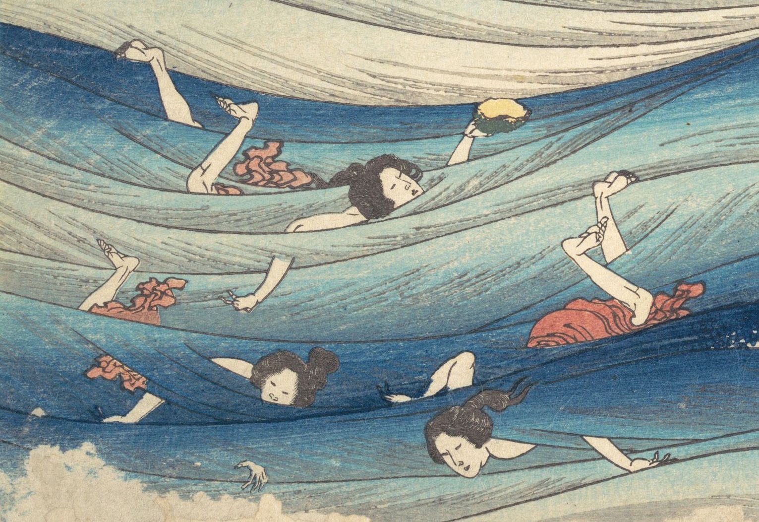 A vintage Japanese woodblock print depicting a chaotic scene of people being tossed about in large waves.