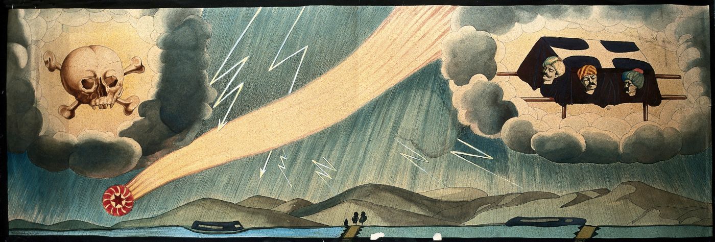 A long, panoramic illustration with a skull and crossbones, a beam of light, and a group of faces in the clouds.