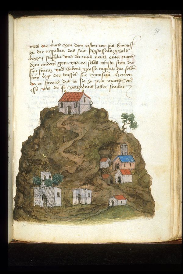 A page from a medieval manuscript with a detailed illustration of a rocky hill with small buildings nestled into its sides. Handwritten text surrounds the illustration.