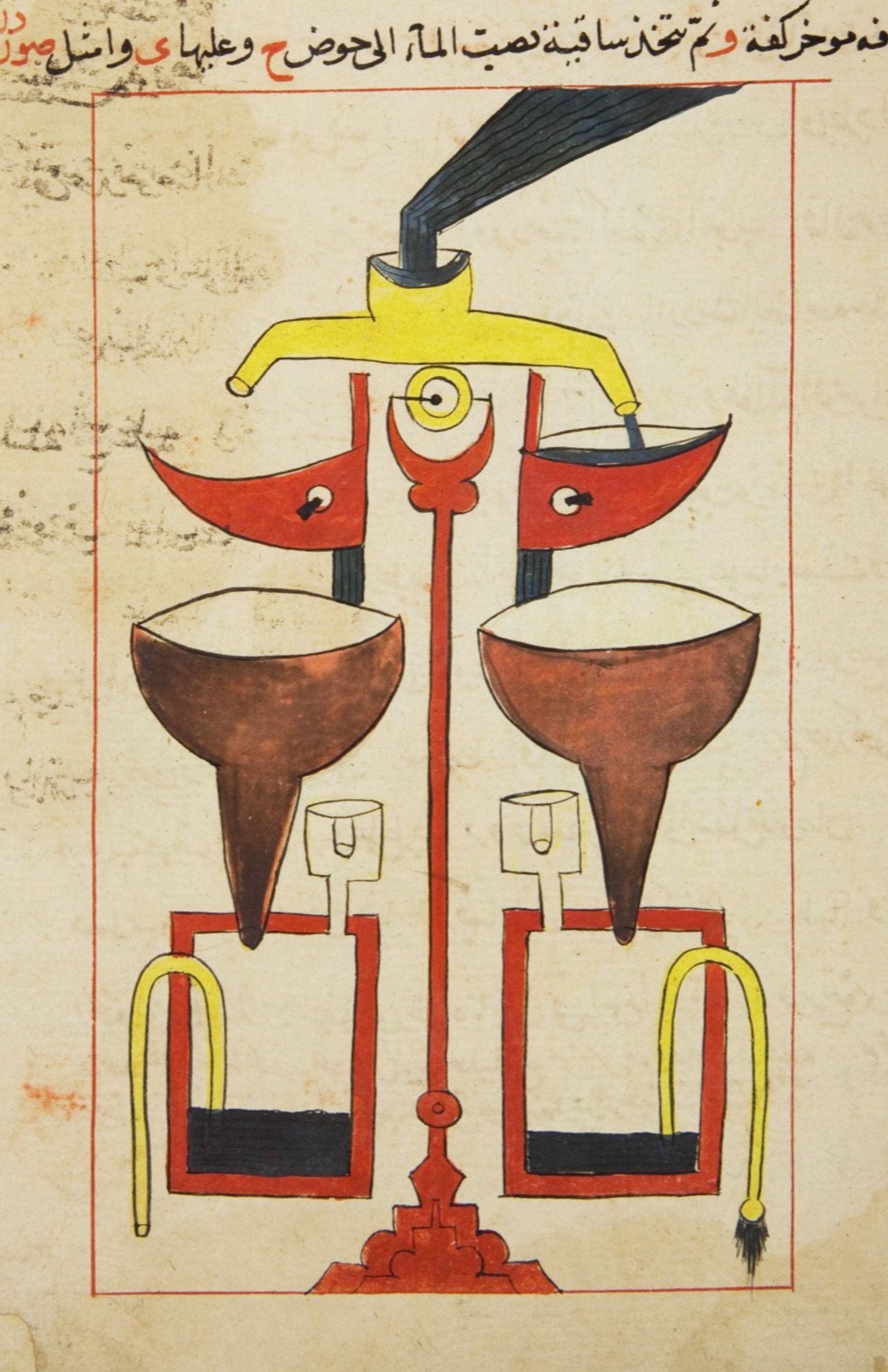 A detailed illustration from a historical manuscript depicting a complex alchemical apparatus with two symmetrical vessels connected by a central vertical tube.