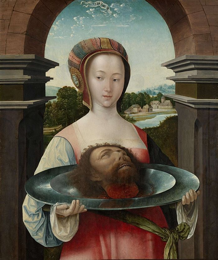 Renaissance painting of a woman holding a severed head in a bowl, with a landscape visible through an arched opening.