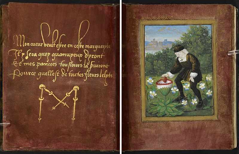 Open book with a page of calligraphy and a miniature painting of a man and woman in a flower-filled field.