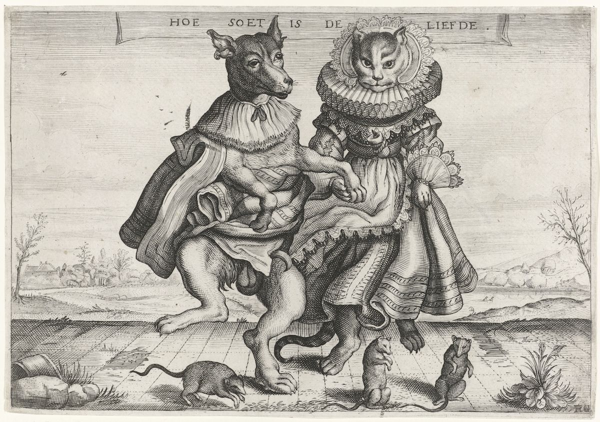 An engraving of a dog and cat dressed in Renaissance clothing, with three mice running away at their feet. The scene is set in a sparse landscape, and there is text above the figures.