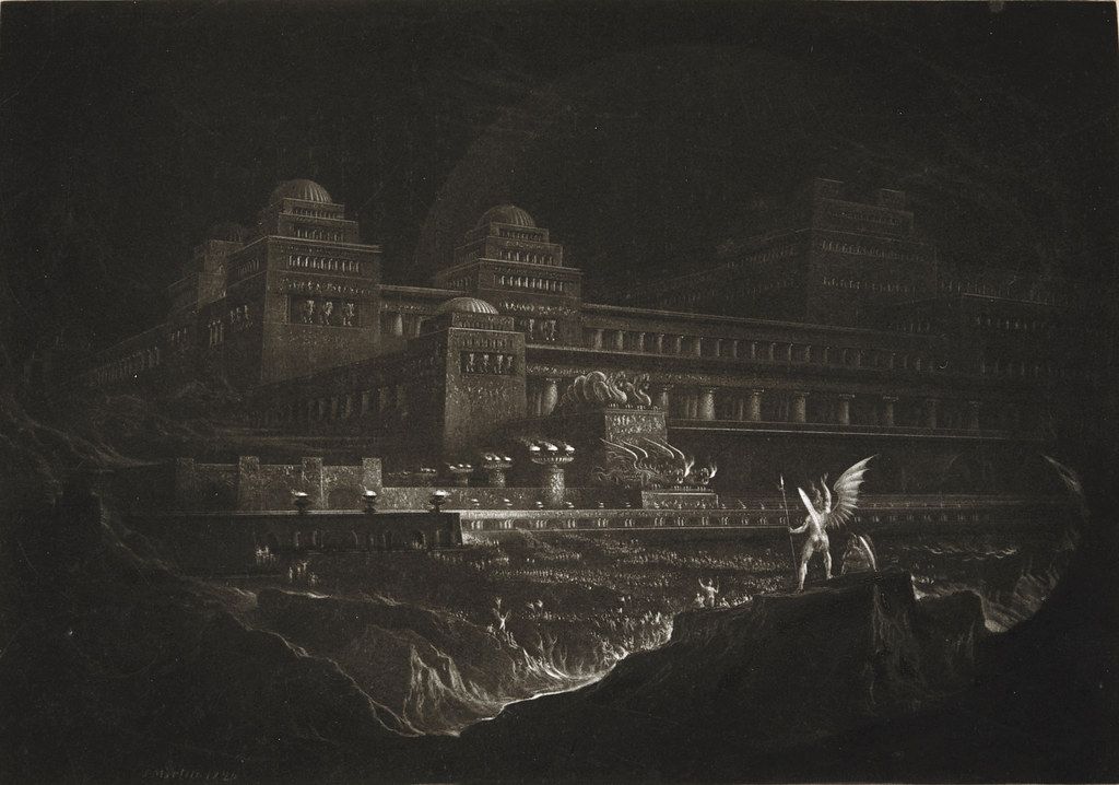 A black and white engraving of a gothic structure built into a cliffside, with an angel descending or ascending a staircase.