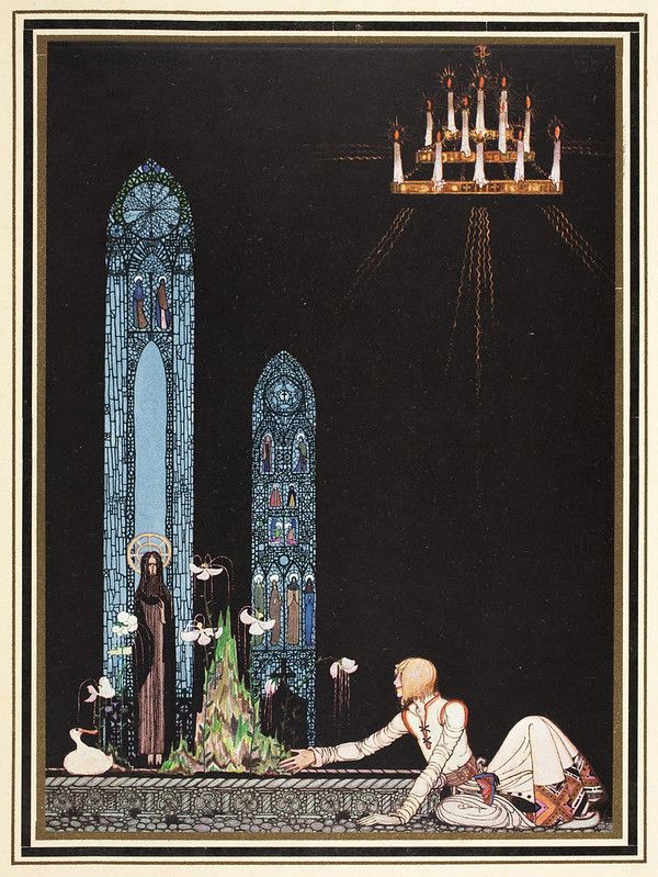 A detailed illustration of a scene inside a cathedral, featuring stained glass windows, a monk, a person in white robes, and a glowing fire.