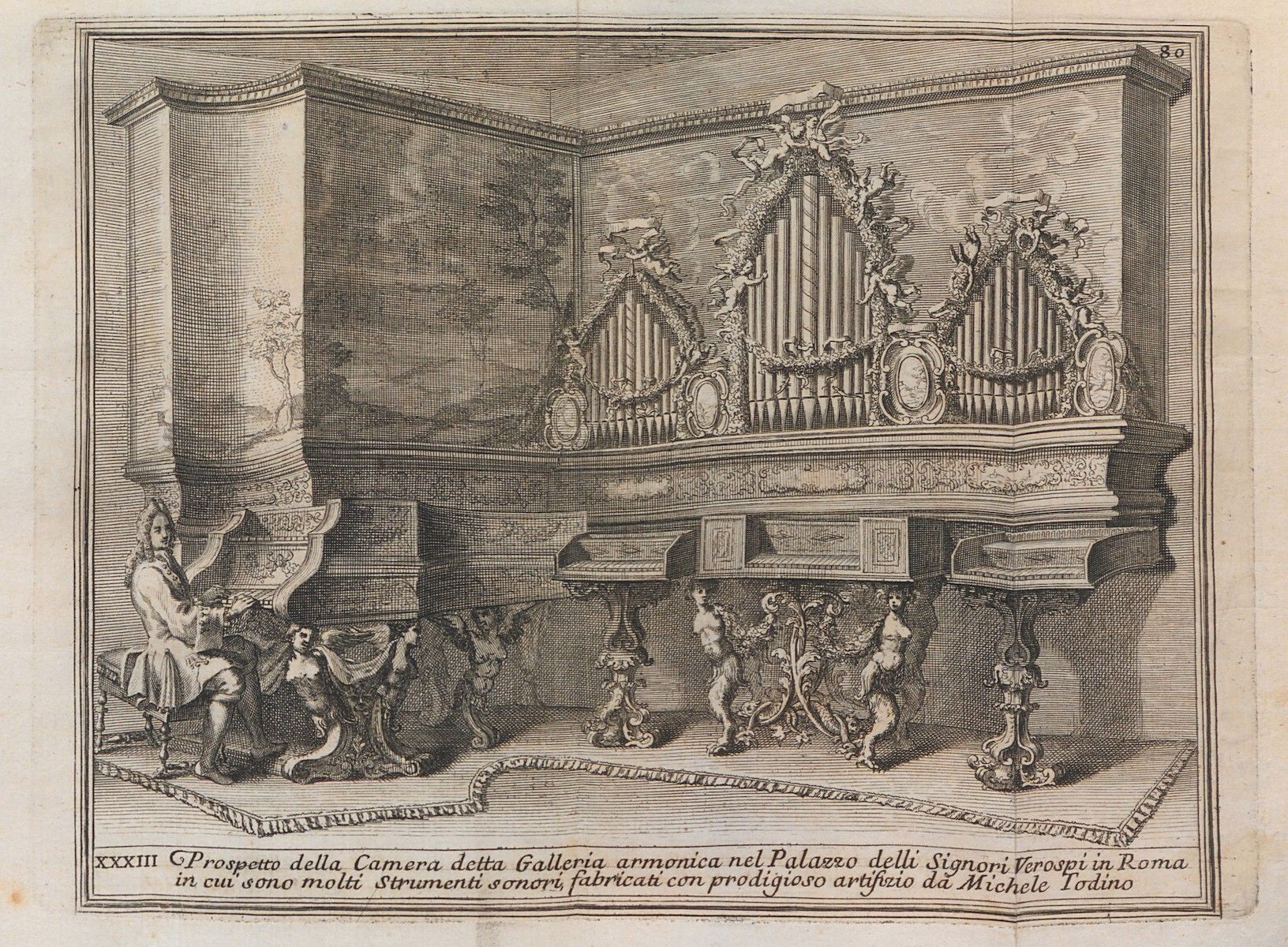 Black and white engraving of an ornate room with a complex musical instrument as its centerpiece.