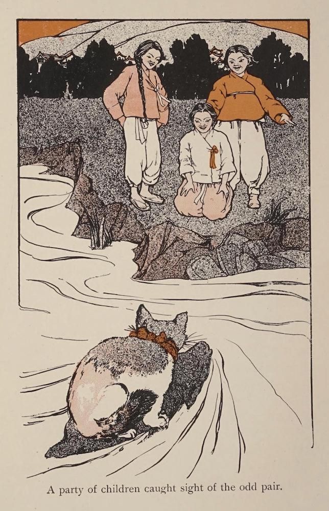A vintage illustration of three children looking at a cat riding a rat near a riverbank.