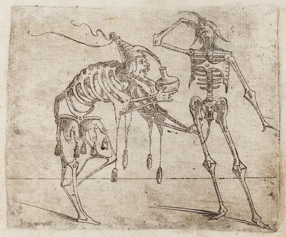 A black and white engraving of a skeleton dancing with a person in medieval clothing.