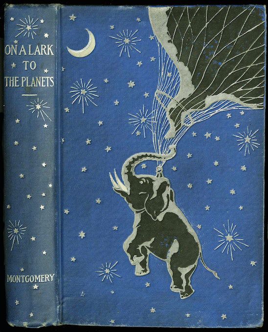 Vintage book cover with an elephant floating upwards on balloons, surrounded by stars and fireworks.