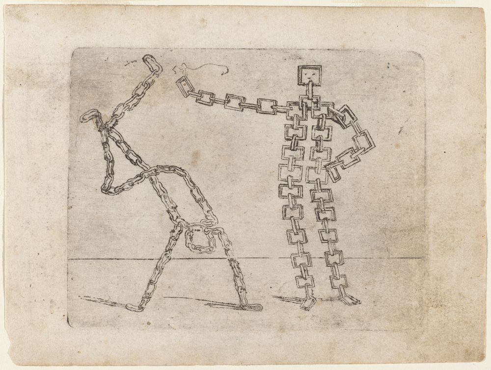 A drawing of a figure constructed from chains, bent over within a square frame.