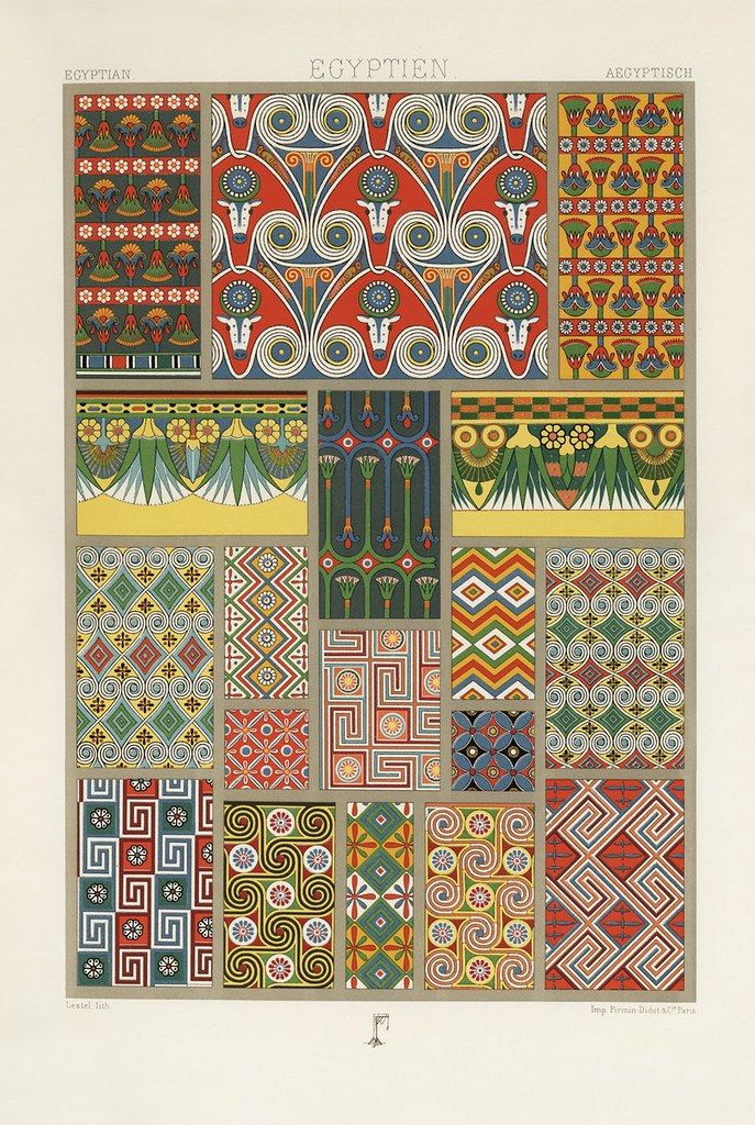 A vintage illustration of Egyptian patterns, arranged in a grid of rectangular and square panels. The patterns are inspired by ancient Egyptian art and feature geometric and floral motifs in a rich color palette of reds, blues, greens, yellows, and blacks.