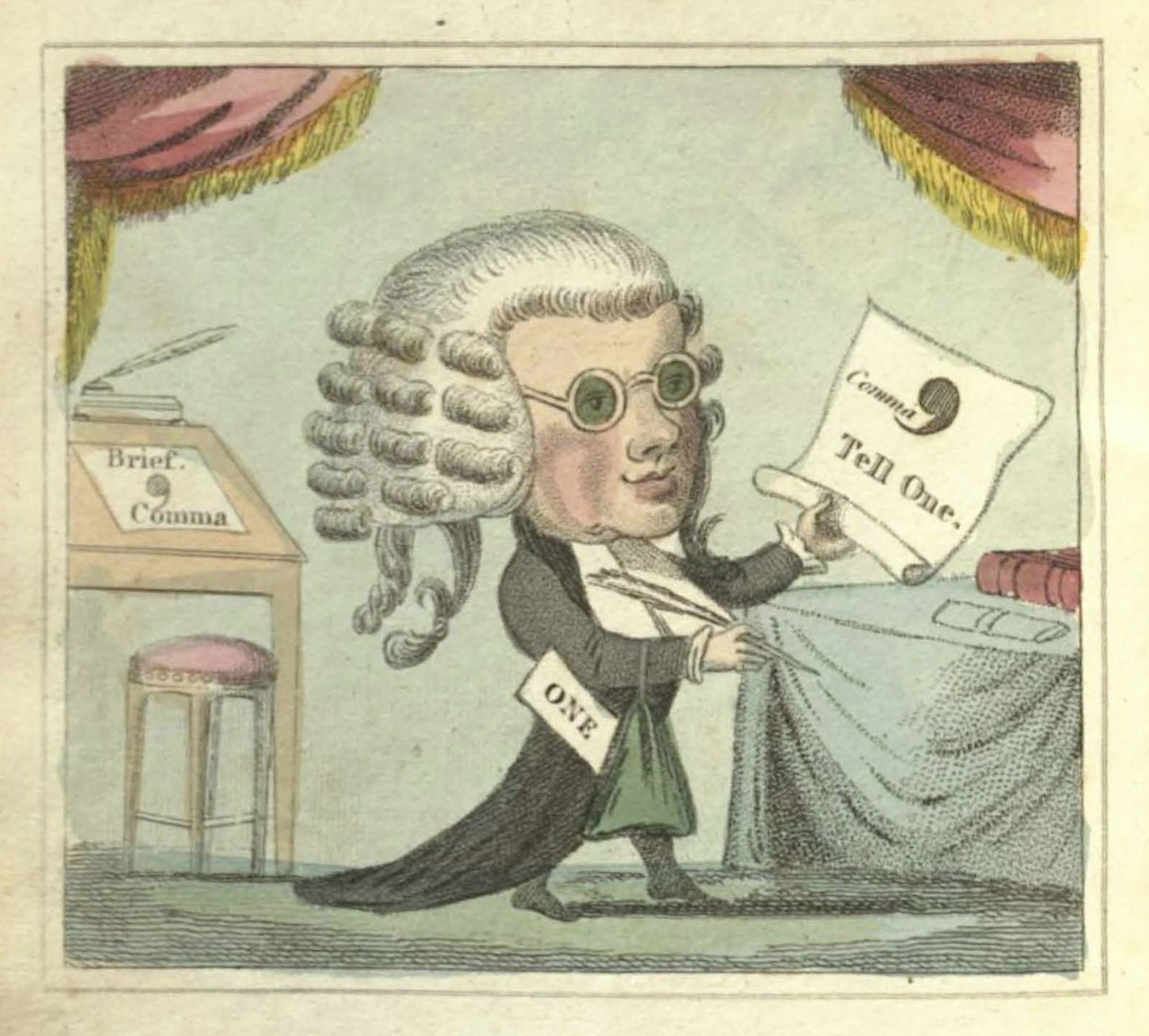 A hand-colored etching depicting a caricature of a man in a legal setting.