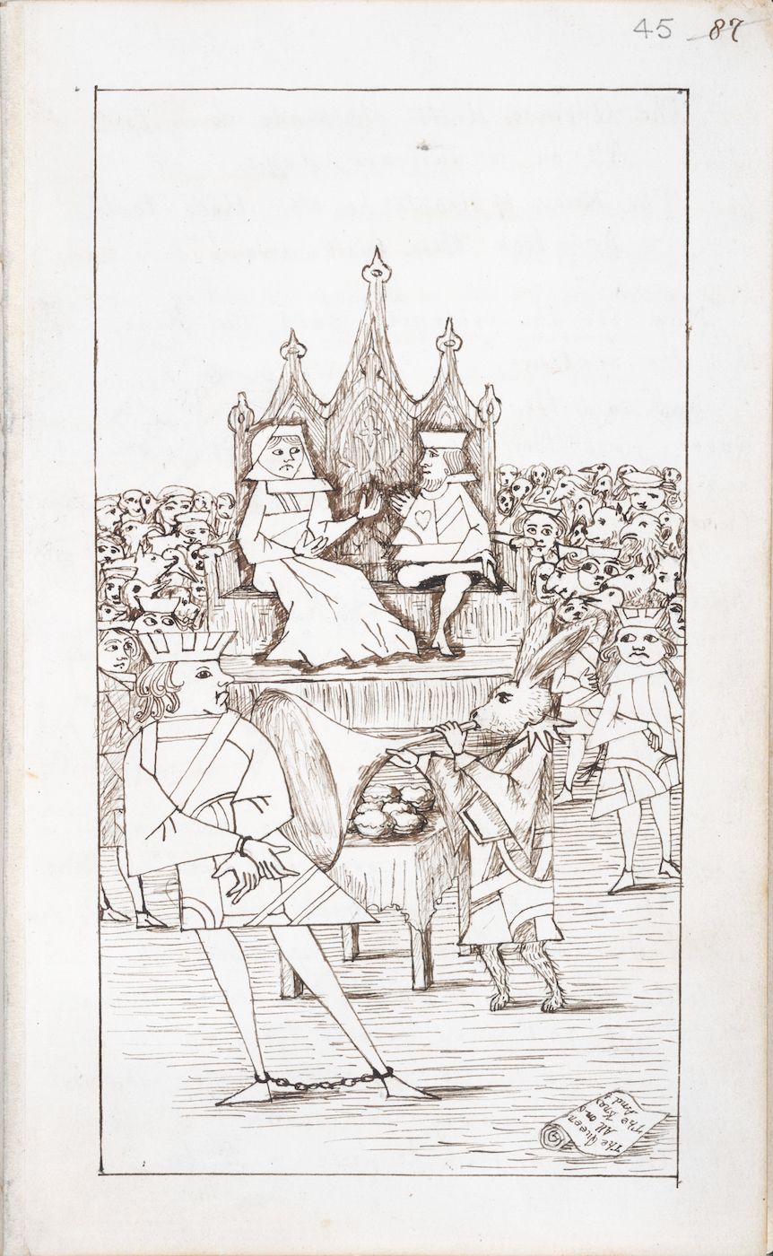 A black and white sketch of a regal scene with a throne, royalty, a crowd, and kneeling figures.
