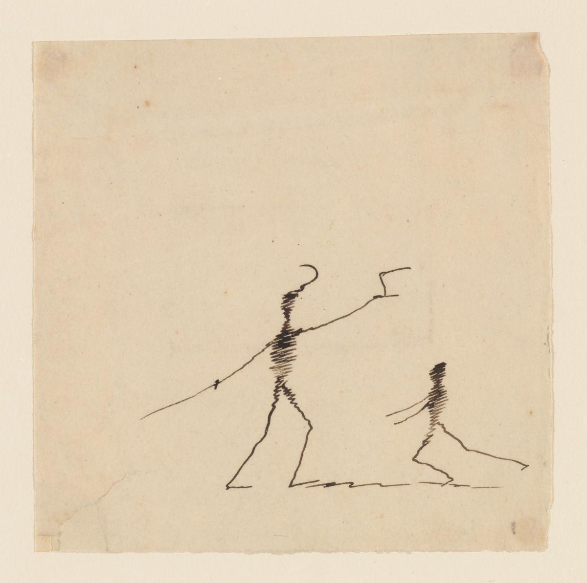 A black and white sketch on tan paper depicting two simplified human figures. The figure on the left is taller and reaching upwards, while the figure on the right is smaller and crouching.