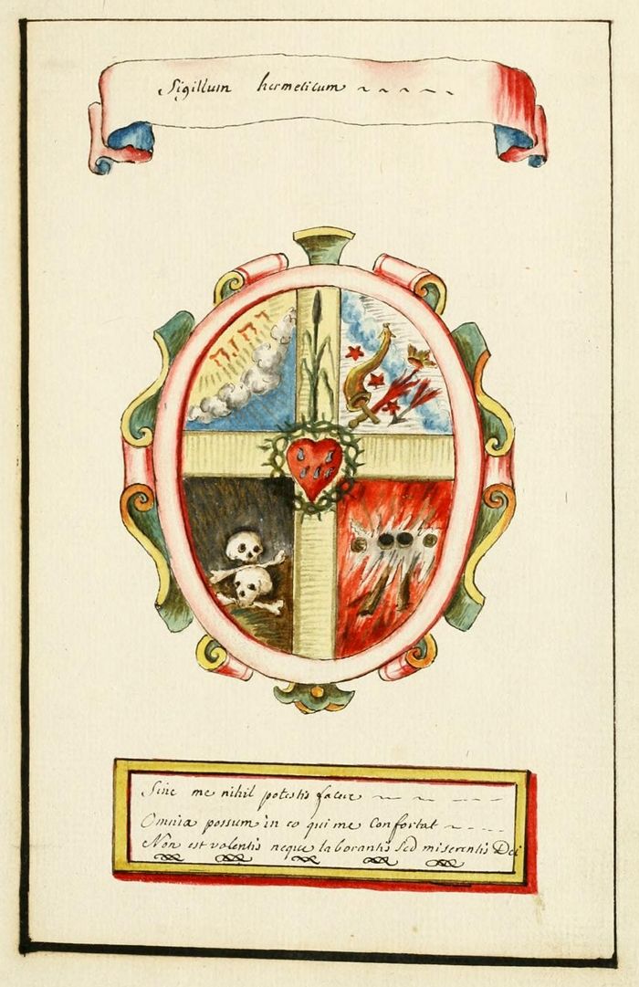Antique illustration of a coat of arms with alchemical symbols.