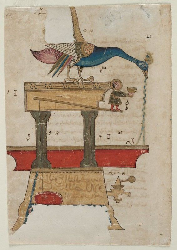 Medieval manuscript illustration of a complex mechanical device with a bird, a person, and gears.